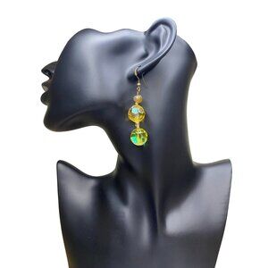 Yellow Arora Borialis Facited Vintage Yellow Glass Beaded Dangle Earrings